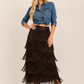 Layered Fringe Tiered Brown Maxi Skirt