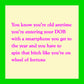 Text on a yellow square, green border, about getting old.