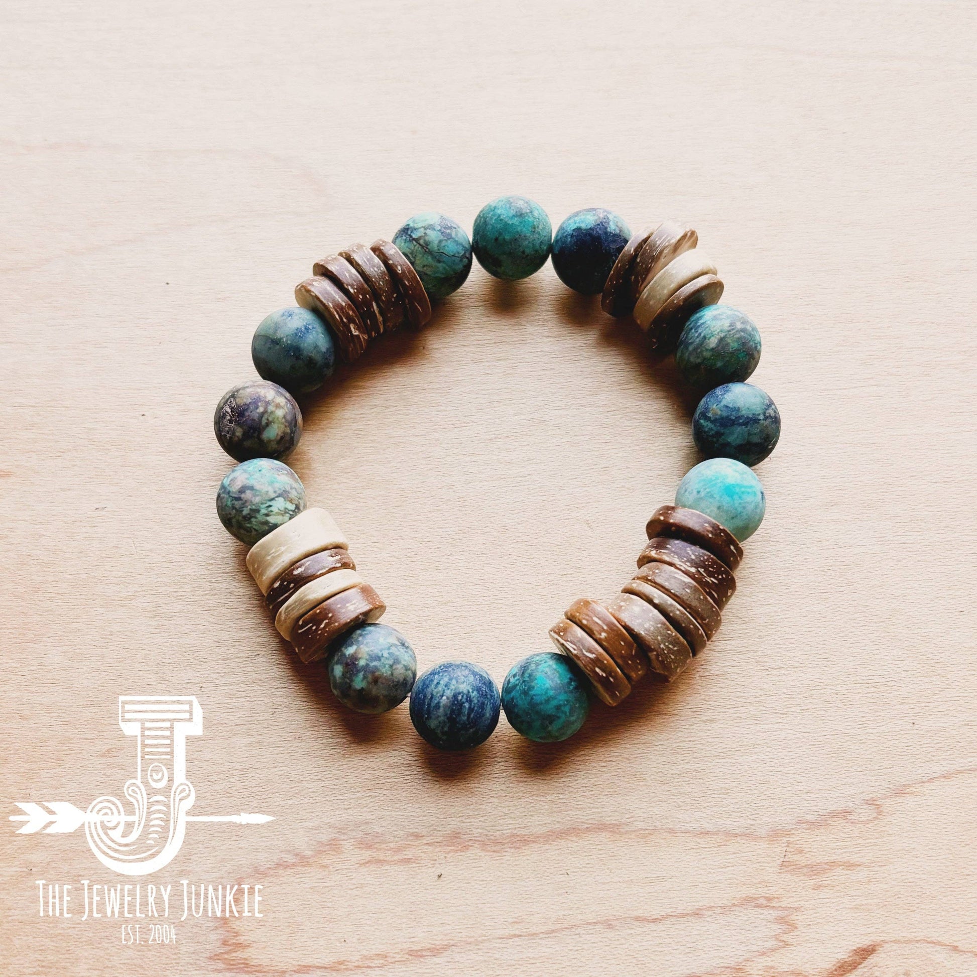 Beaded bracelet with wood and turquoise beads.