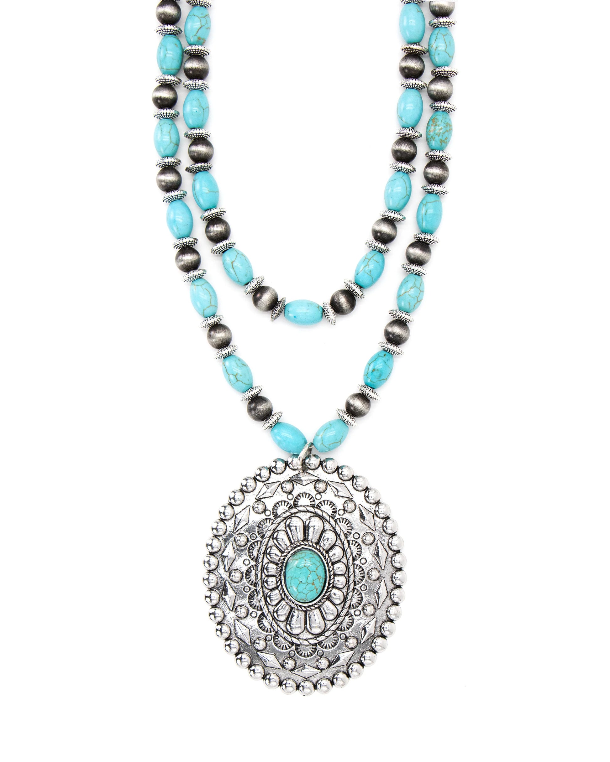 Turquoise stone pendant necklace, close-up view