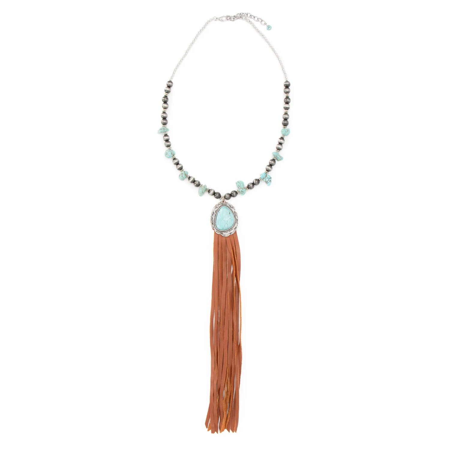 Necklace with turquoise stone and leather tassel