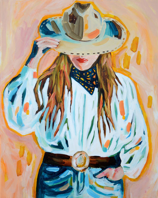 Painting of a woman in a cowboy hat and shirt.