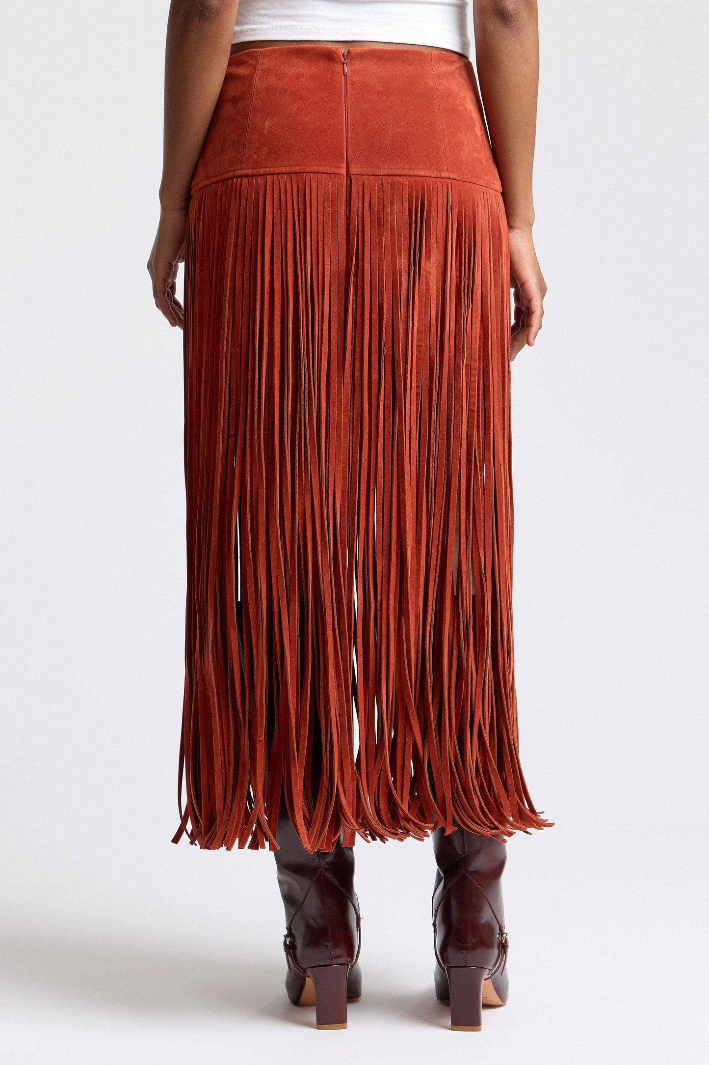 Faux Suede Fringe Maxi Skirt - Rust