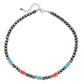 Necklace with grey beads, turquoise, and red accents