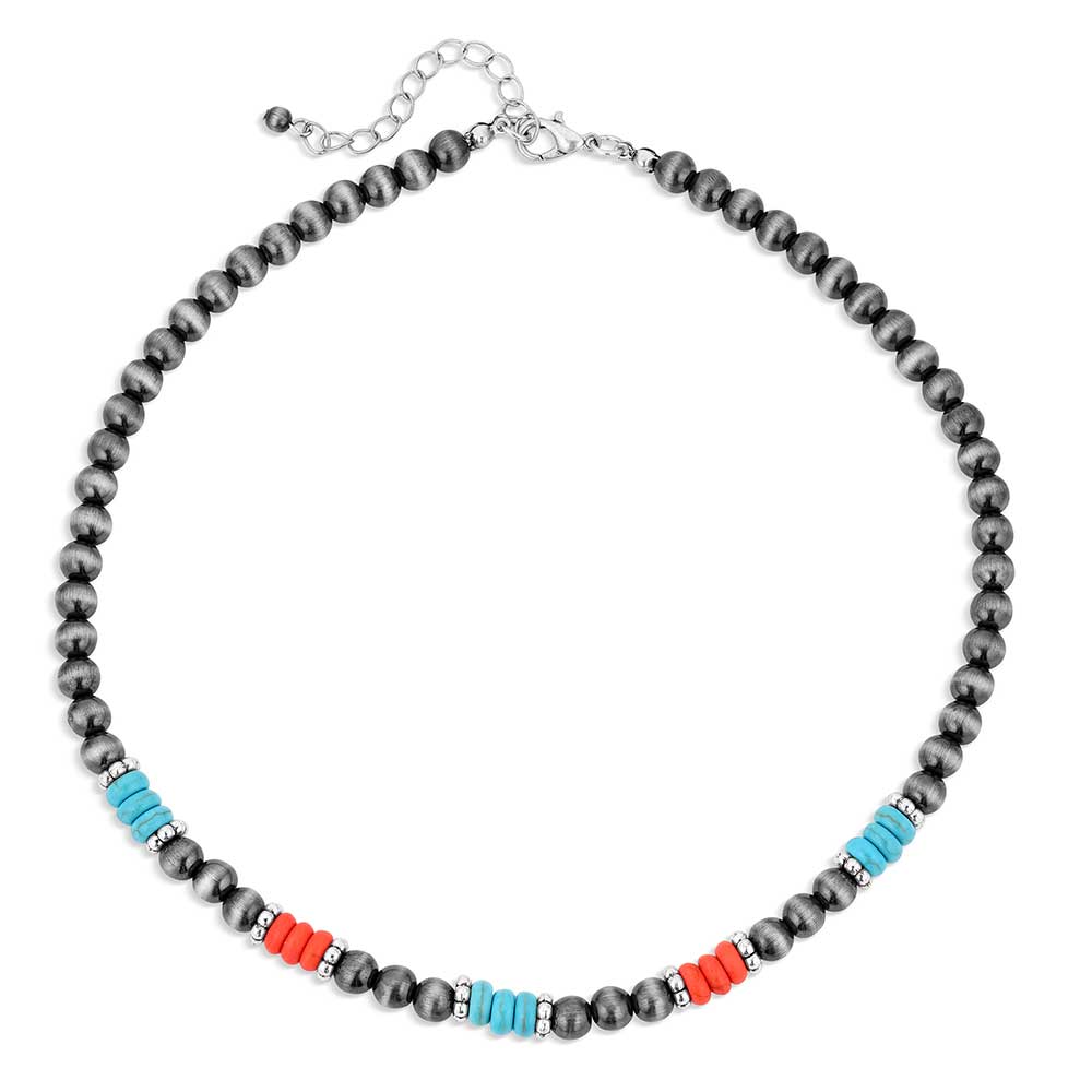 Necklace with grey beads, turquoise, and red accents