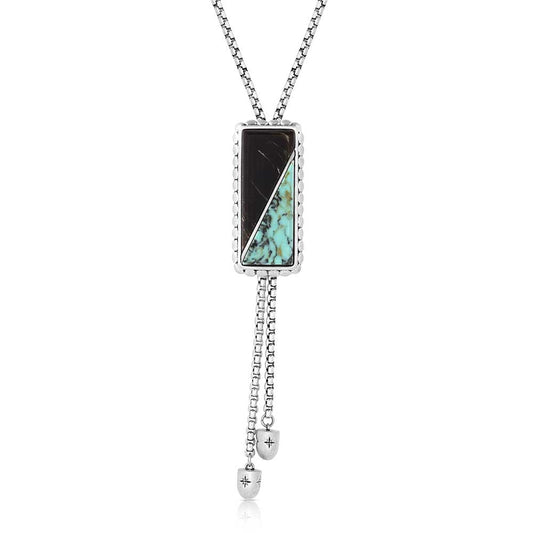 NC6011 Silver Bolo Necklace with Black & Turquoise Stone