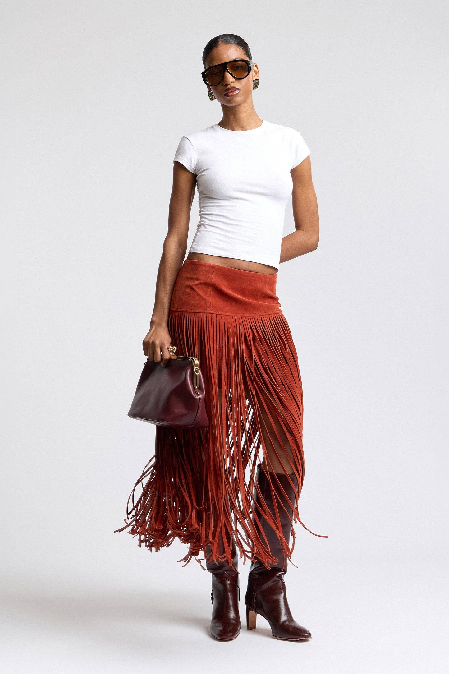 Faux Suede Fringe Maxi Skirt - Rust
