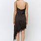 Lace Trim Asymmetrical Hem Satin Midi Dress in Black