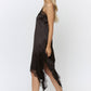 Lace Trim Asymmetrical Hem Satin Midi Dress in Black