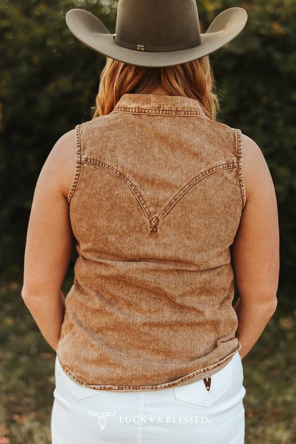 Camel Denim Button Down Sleeveless Shirt