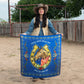 Woman holding royal blue vintage horse scarf