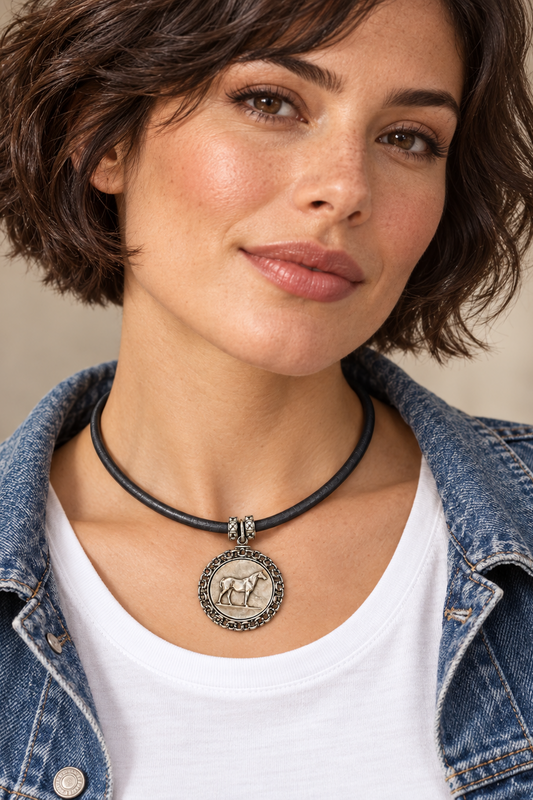 Grey Leather Necklace with Silver Horse  by Michele Busch