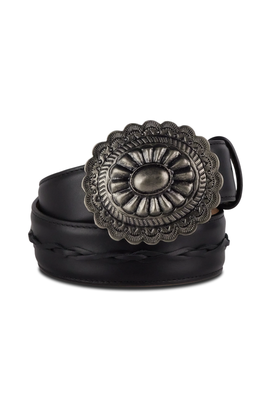 Lane Black Woven Laced 1.5" Leather Belt with Round Buckle