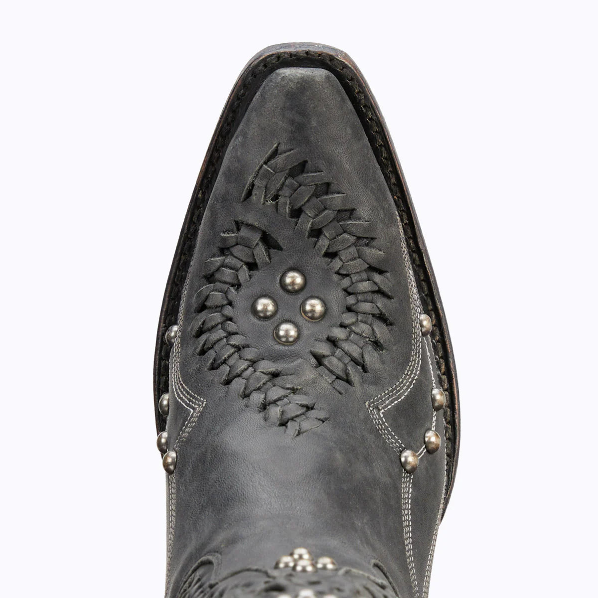 Distressed jet black Cossette boot detail