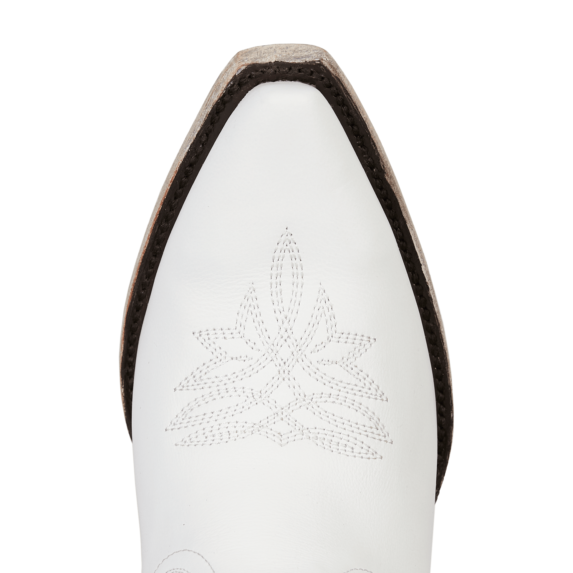 White leather cowboy boot toe with embroidered design