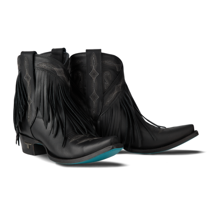 Jet black Senita Falls bootie with fringe