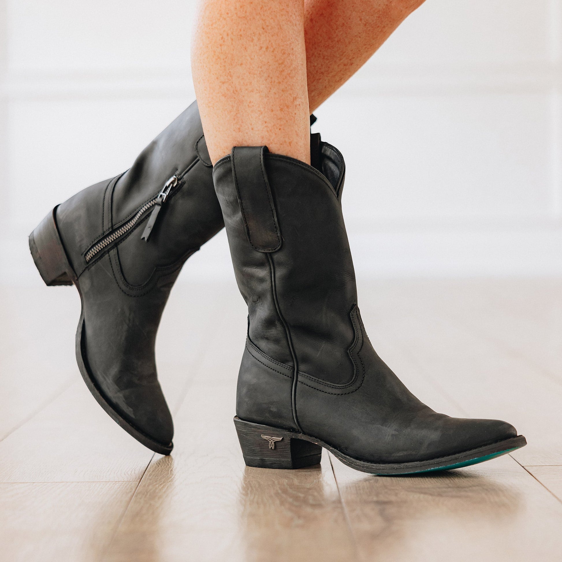 Black leather Plain Jane mid-calf cowboy boots