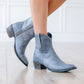 Washed denim Plain Jane booties, lb0553o, worn on a person's feet.