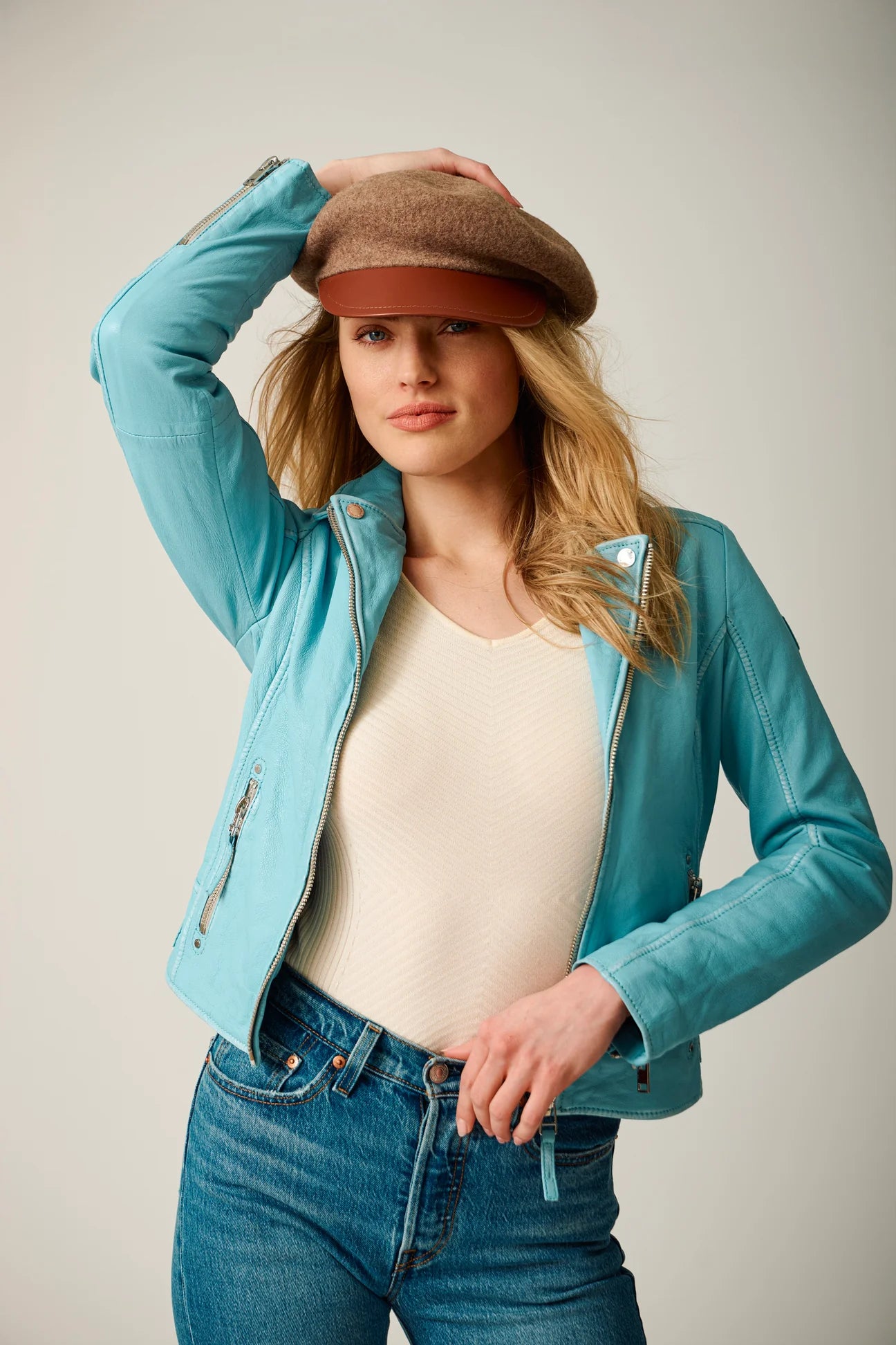 Louzia RF Leather Jacket by Mauritius in Aqua