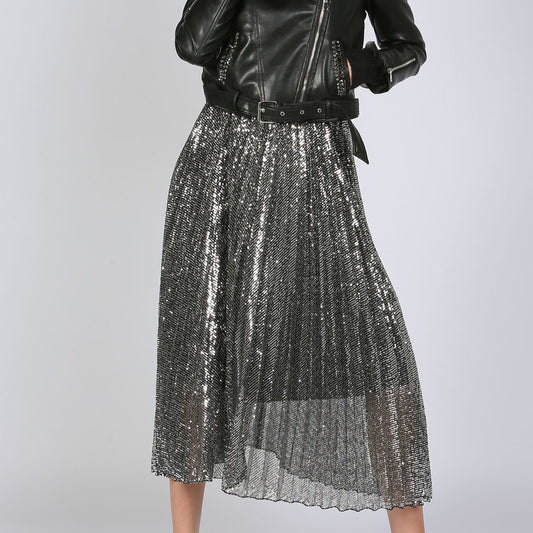 Black sequin skirt with leather jacket