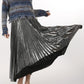Silver pleated skirt with blue sweater
