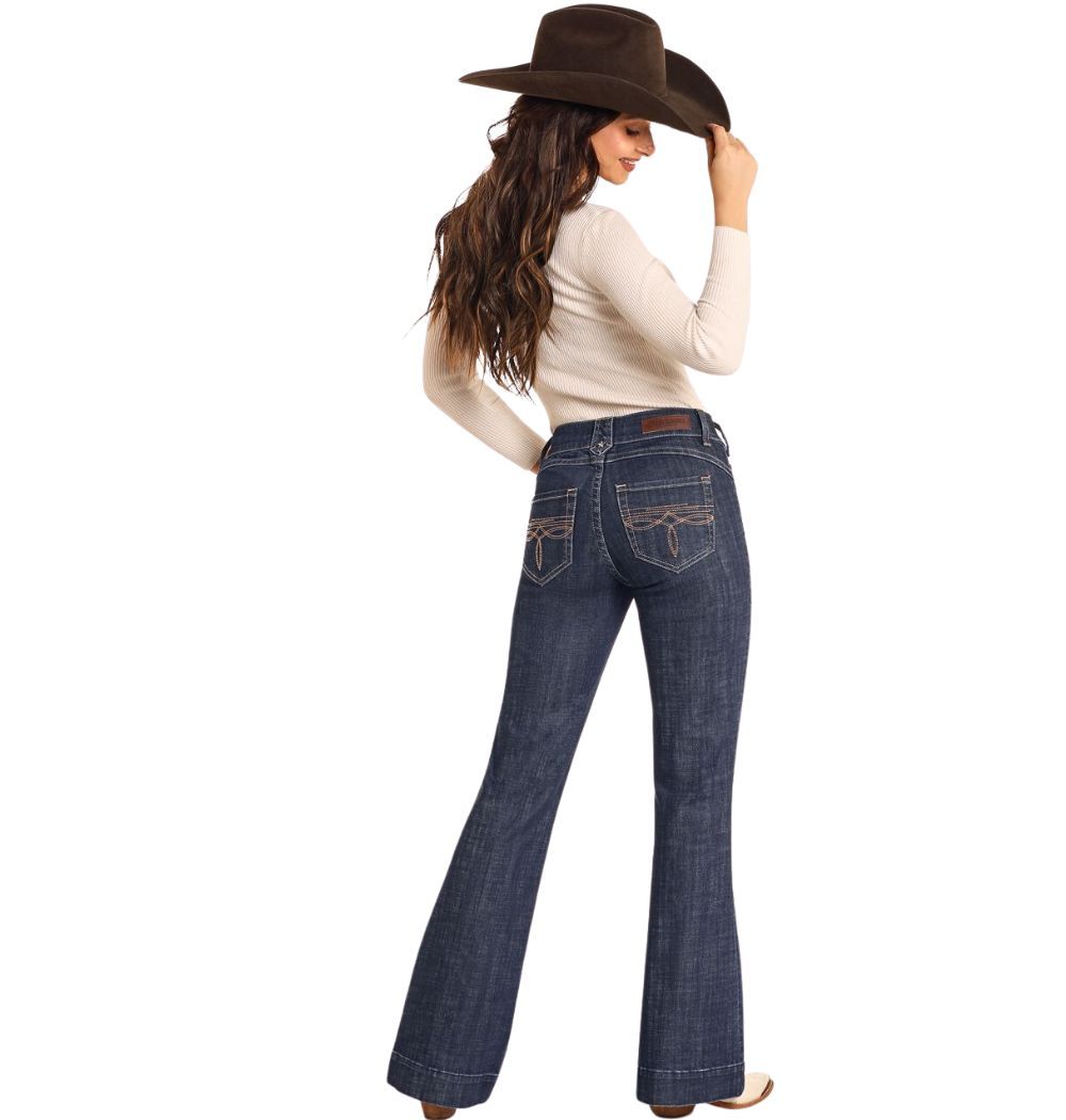 Rock & Roll Denim Women's Diamond Belt Loop Mid Rise Dark Wash Trouser