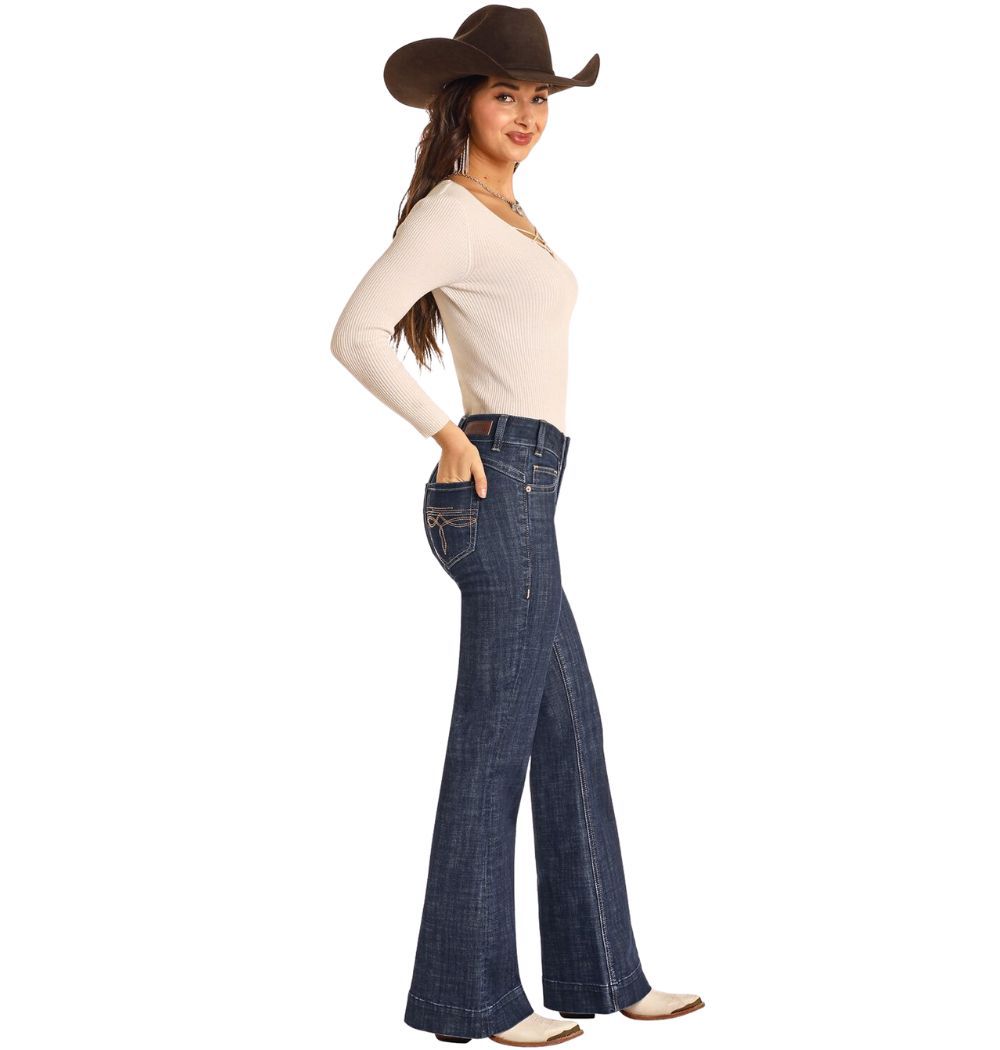 Rock & Roll Denim Women's Diamond Belt Loop Mid Rise Dark Wash Trouser