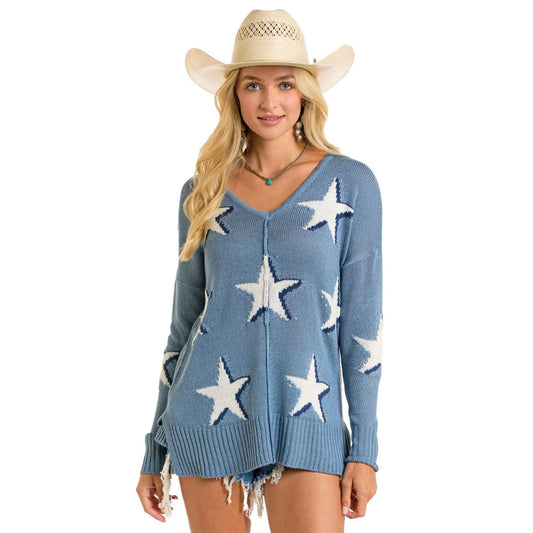 Star Print Sweater by Rock & Roll Denim in Cerulean