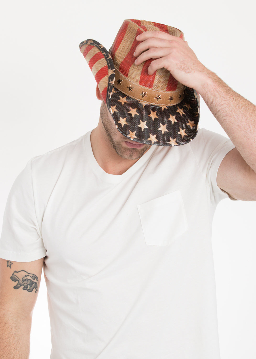 Man wearing American flag cowboy hat
