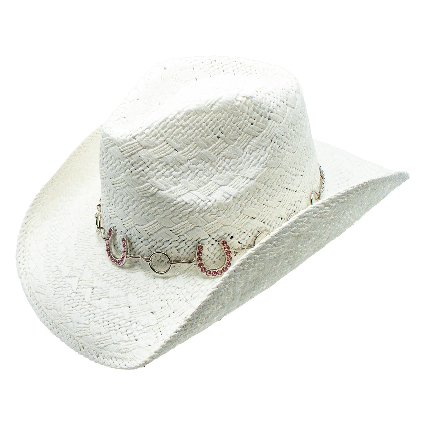 White cowboy hat with pink horseshoe detail