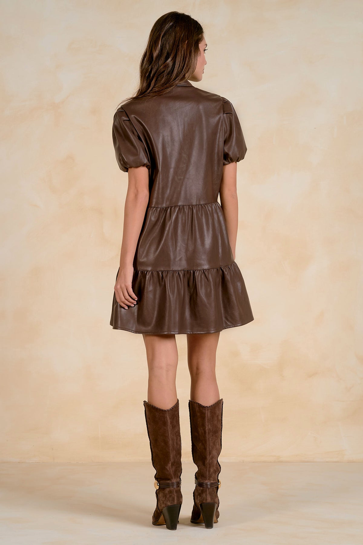 Faux Leather Mini Dress by Elan - Brown