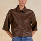 Faux Leather 3/4 Sleeve Shirt by Elan - Brown