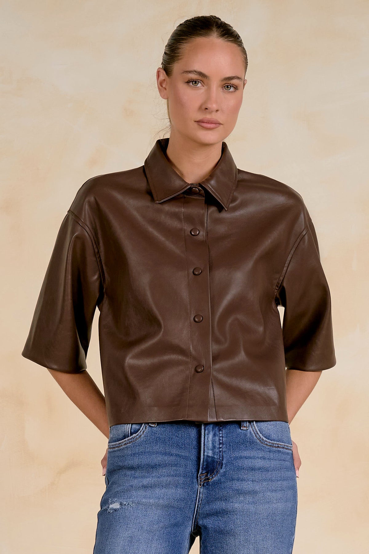 Faux Leather 3/4 Sleeve Shirt by Elan - Brown
