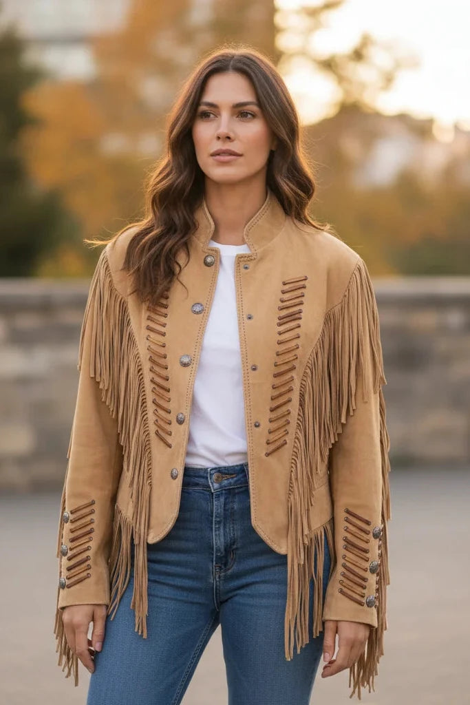 Suede Fringe Lacing Jacket with Bone Bead Details by Scully Leather - Old Rust