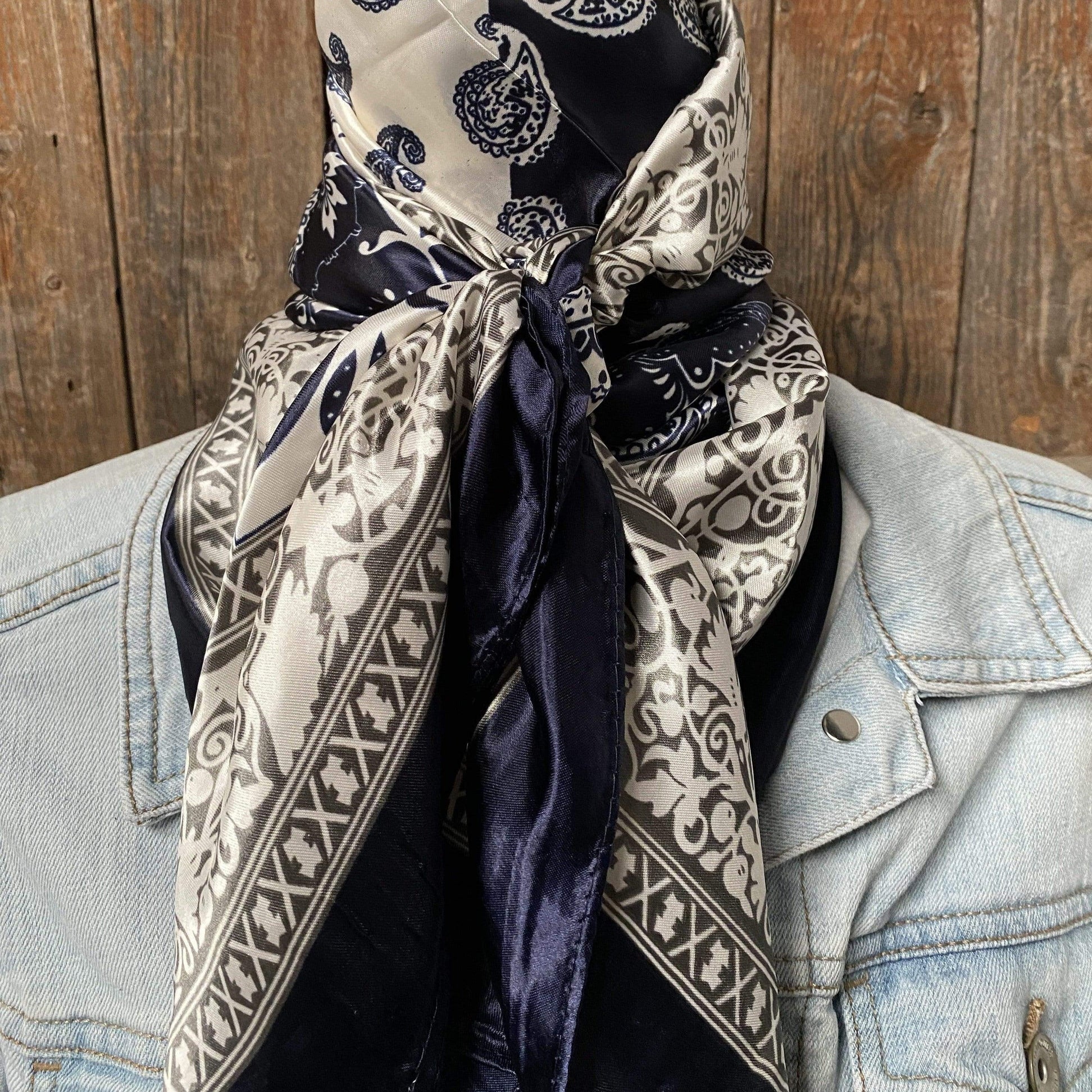 Two-tone navy paisley wild rag scarf