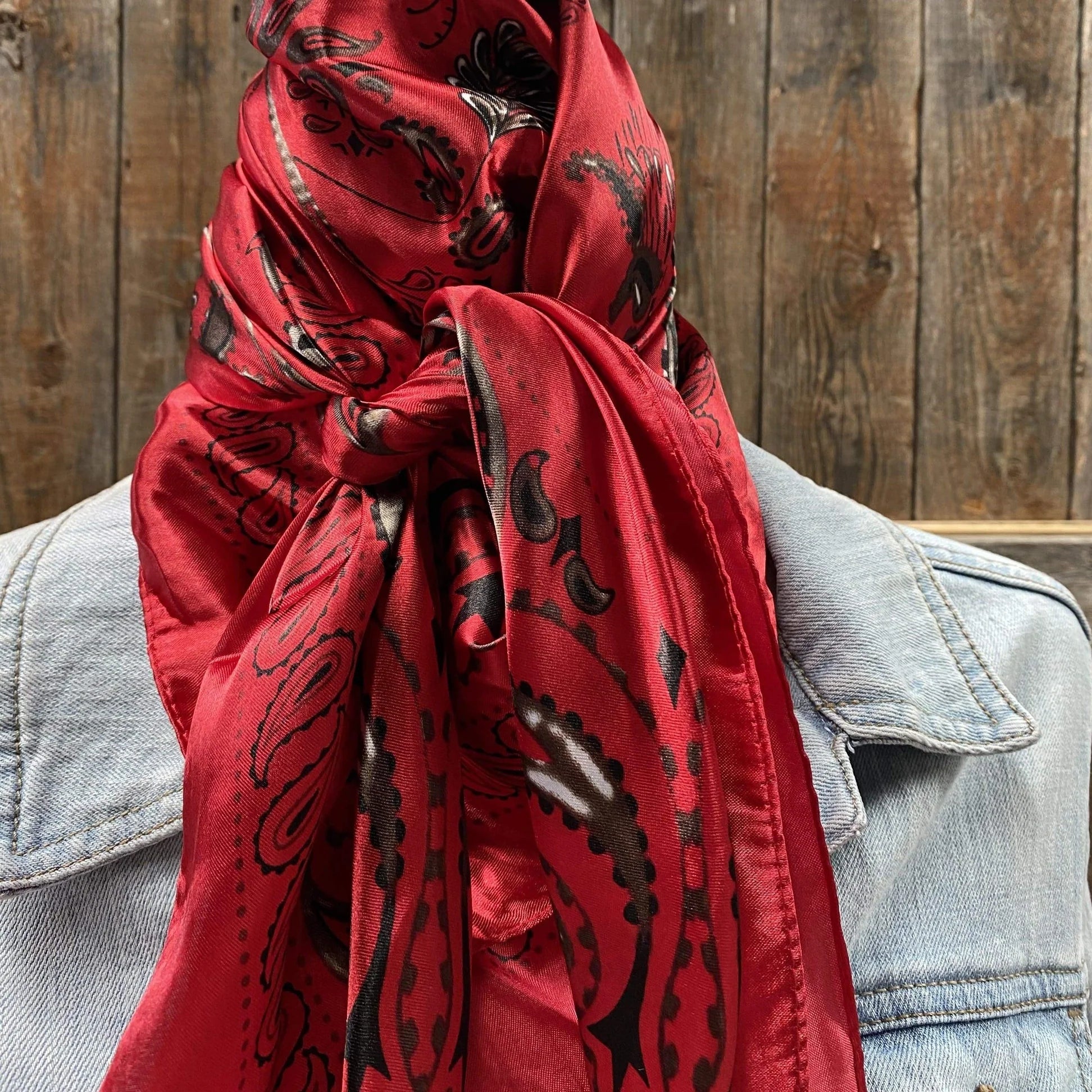 Red and black paisley wild rag scarf