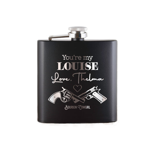 Louise flask with guns, black, Bourbon Cowgirl