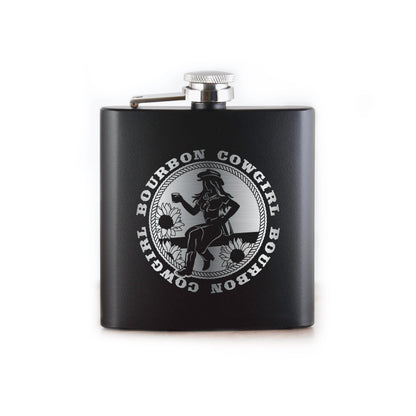 Black flask with Bourbon Cowgirl logo