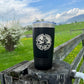 Black tumbler with Bourbon Cowgirl logo.