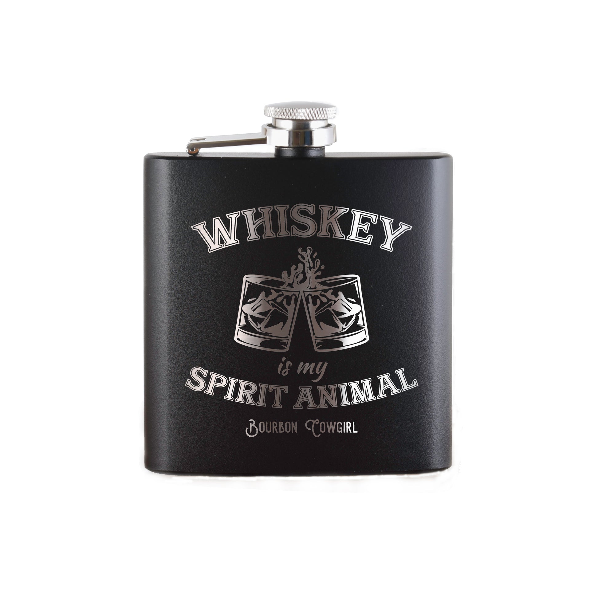 Black whiskey flask with Whiskey is my Spirit Animal