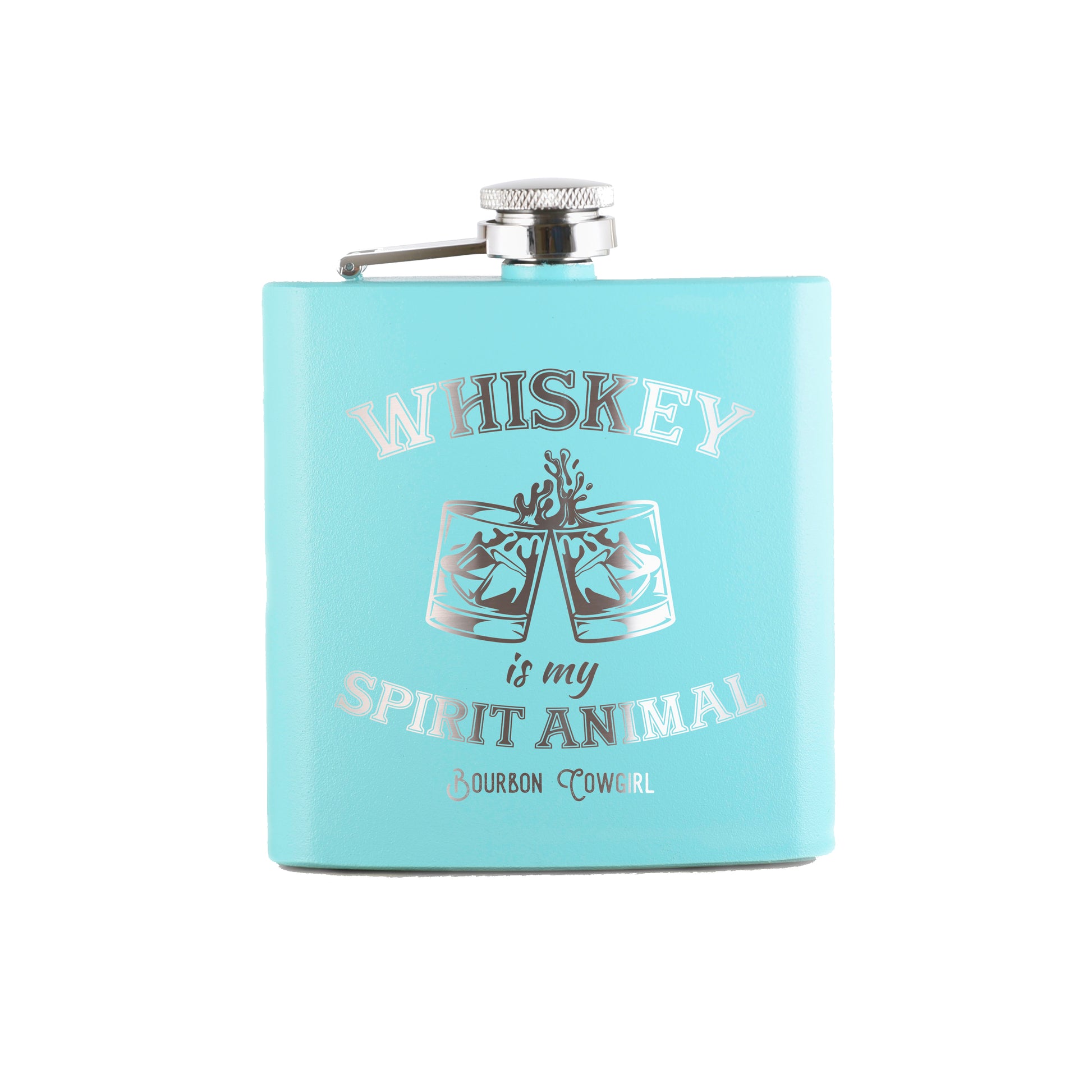Teal whiskey flask with Whiskey is my Spirit Animal design.
