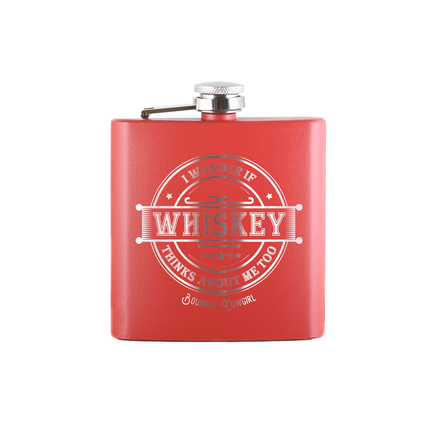 Red whiskey flask with Whiskey text