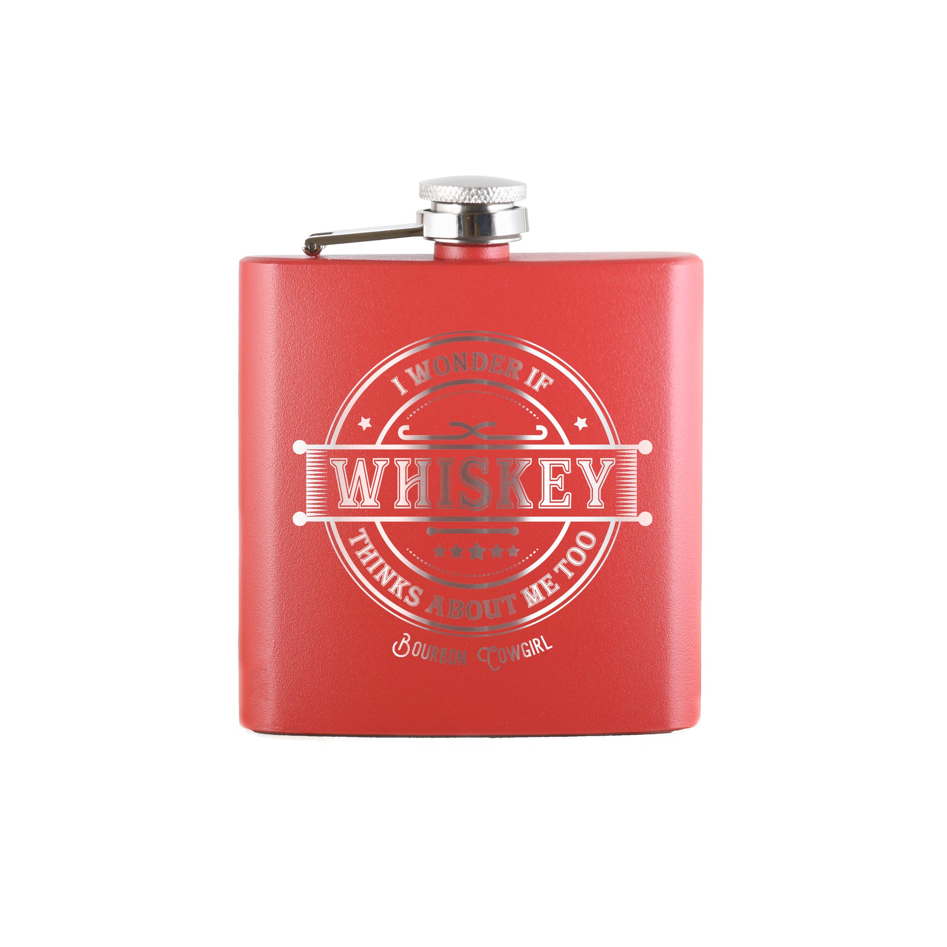 Red whiskey flask with Whiskey text